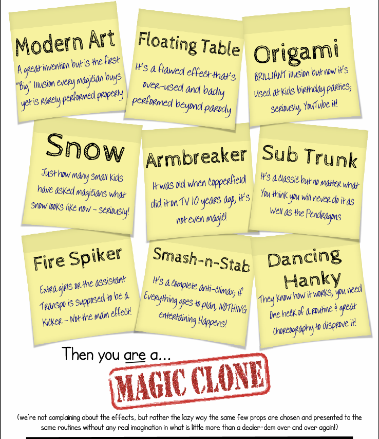 Modern Art, Floating Table, Origami, Snow, Armbreaker, Sub Trunk, Fire Spiker, Smash-n-Stab or Dancing Hanky then you are a Magic Clone